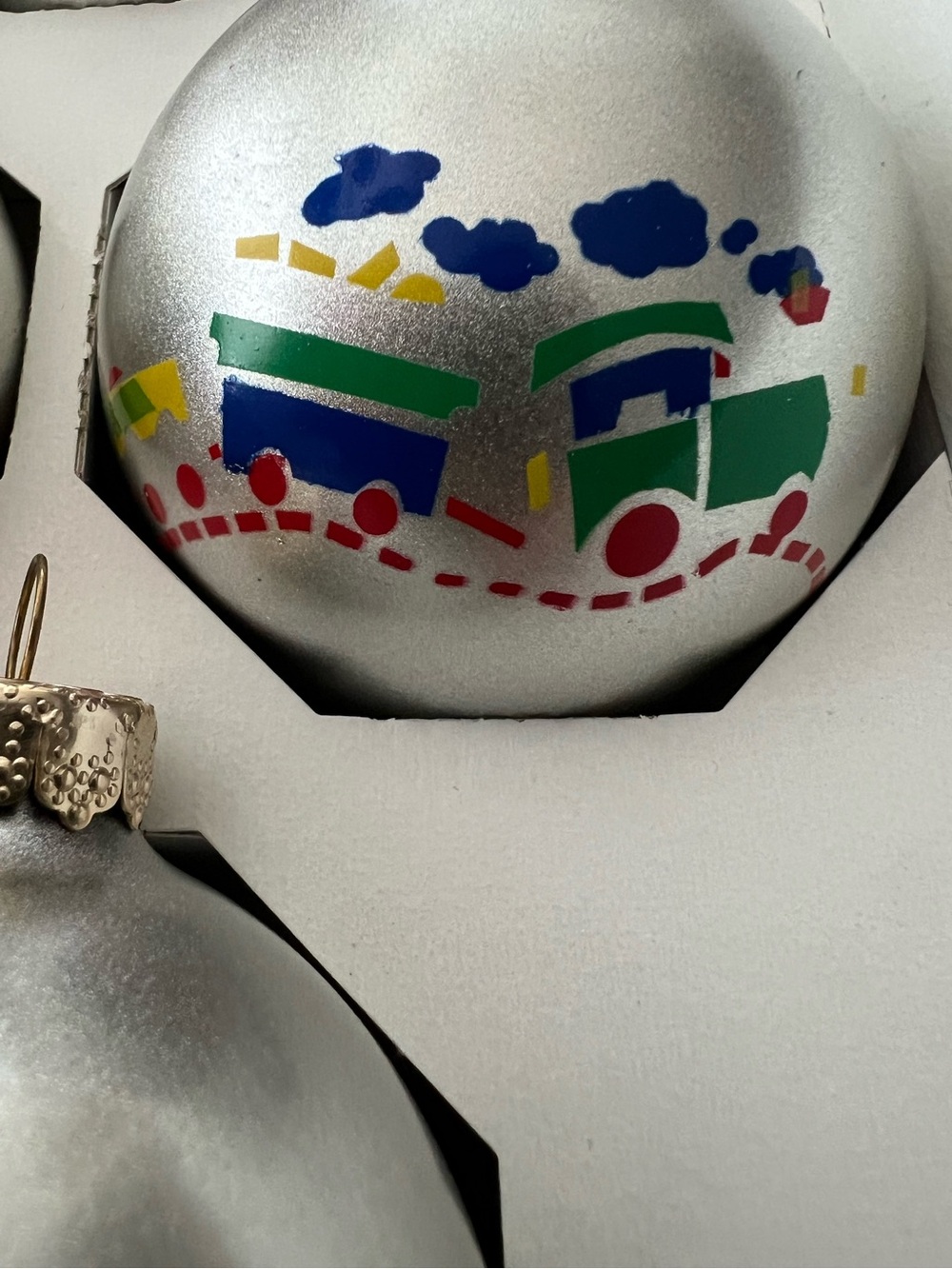 Vintage Silver Holiday Living Train Motif Glass Ball Ornaments - Set of 4